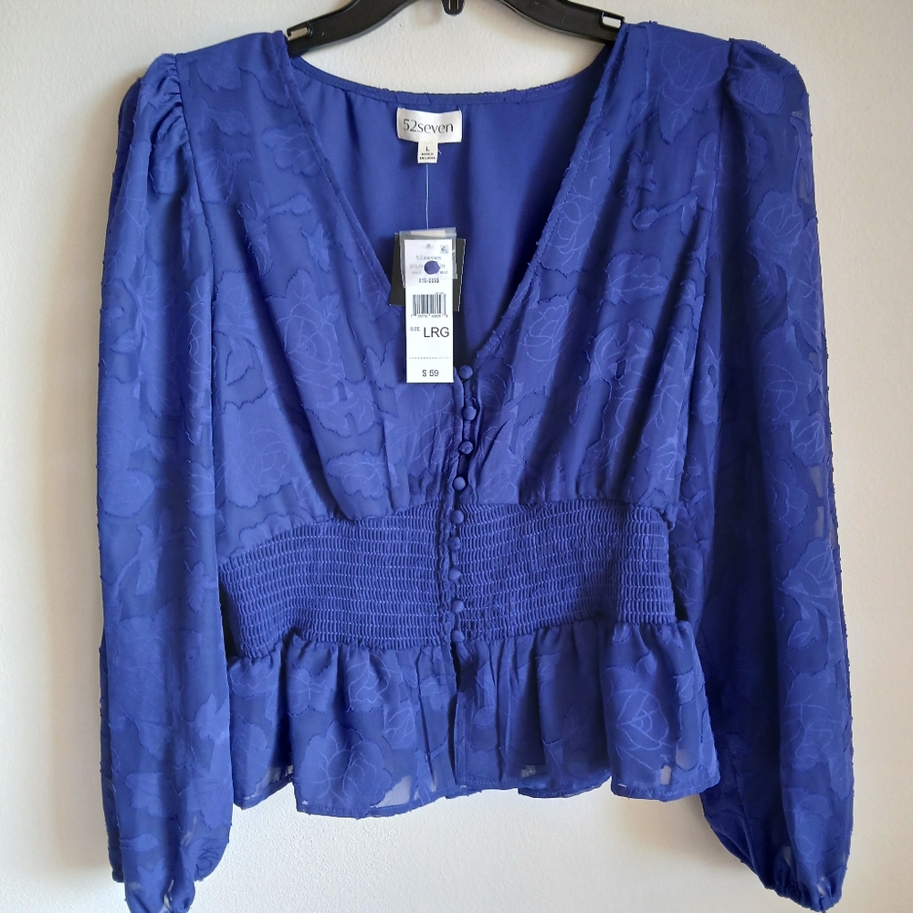 52Seven Purple Blouse Size Large Button Front V Neck Long Sleeve NWT